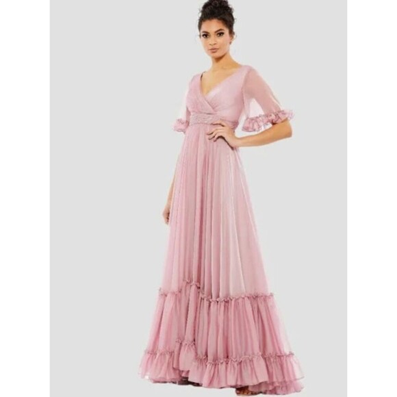 Mac Duggal Rose Pink Butterfly Ruffle Trimmed A-Line Gown Sz 6 Coquette Wedding - Picture 1 of 16
